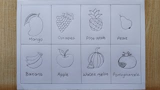 Different types of Fruits drawing easy How to draw 8 Different fruits  Fruit Chart drawing [upl. by Noy]