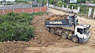 Amazing KOMATSU D58E Bulldozer Strong push land and Clearing forest with Dump truck pouring soil [upl. by Elliott249]