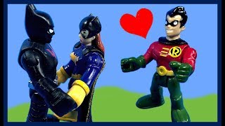 Imaginext Robin Likes Batgirl but she is Dating Batman Beyond Toy Video [upl. by Yartnoed208]