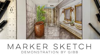 How to draw a bathroom using 1 point perspective  time lapsed marker demonstration [upl. by Ajile]