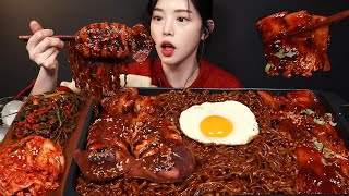 SUB꾸덕촉촉 짜파게티에 매운 마라오징어 팽이버섯 넣어서 먹방 파김치 겉절이까지 짜장라면 꿀조합 리얼사운드 Mala Chapagetti Mukbang Asmr [upl. by Halda456]