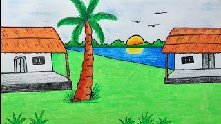 How to draw Riverside village scenery  natural scenery drawing  prakritik drishya drawing art [upl. by Ainad]