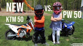 The kids get a new KTM 50 Mini dirt bike vs Yamaha PW 50 [upl. by Nyrhtac]