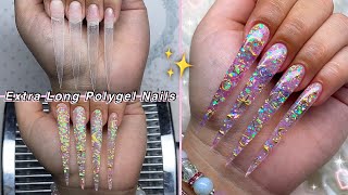 EXTRA LONG GLITTER POLYGEL NAILS✨ STILETTO NAILS amp MOON CHARMS DESIGN  Nail Tutorial [upl. by Merril]