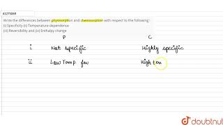 Write the differences between physisorption and chemisorption with respect to the following  i [upl. by Ajat]