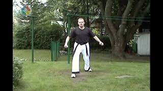 Taekwondo Hapkido Foundations Jumping 360 roundhouse kick pushing through front view [upl. by Tronna]