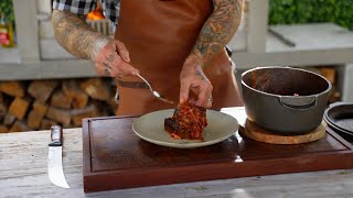 Hearty beef short ribs in red wine garlic and herb tomato sauce  James Smith The Tattooed Butcher [upl. by Azrim]