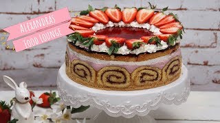 Erdbeer Quark Torte mit BiskuitrollenRand Backen mit Alex Geburtstagstorte Ostern [upl. by Adrian715]