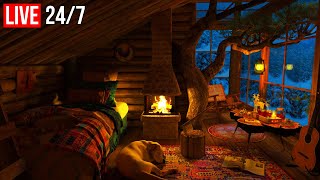 🔴 Cozy Treehouse Ambience  Blizzard amp Fireplace Sounds for Sleep  Live 247 [upl. by Pihc]