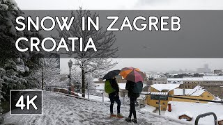 Walking Tour Snowy Winter Day in Zagreb Croatia  4K UHD Virtual Travel [upl. by Lynnelle]