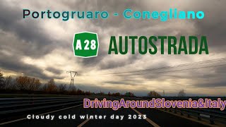 Portogruaro  Conegliano Italian A28 autostrada on cold winter day 2023 [upl. by Yadrahs]