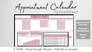 Appointment Calendar Excel Template Spreadsheet Appointment Booking Google Sheets Calendar Business [upl. by Danice]