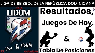 Resultados  Juegos de hoy  Tabla de Posiciones  Pelota Invernal de la República Dominicana [upl. by Grannia]