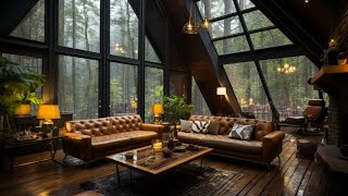 Rainy Day with Warm Jazz Instrumental Music at Cozy Forest Wooden Cabin Ambience for Relax Unwind🌧️ [upl. by Einahpats326]