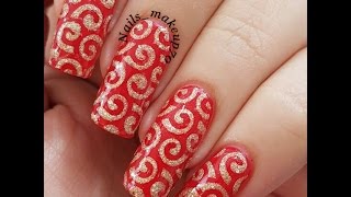 Red And Golden Swirl Nail Art  Easy Nail Art Tutorial [upl. by Retniw]