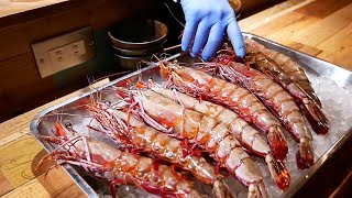 Japanese Food  GIANT TIGER PRAWN and KUROBUTA PORK STEAK Okinawa Seafood Japan [upl. by Gwen]