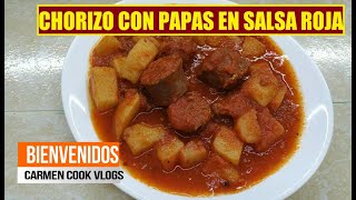 LONGANIZA CHORIZO CON PAPAS EN SALSA ROJA  RICO GUISADO  CarmenCookVlogs [upl. by Llenra]