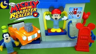 Mickey and the Roadster Racers Toys Roadster Ready Pit Stop Garage Playset Build Goofy a Custom Car [upl. by Anaert]