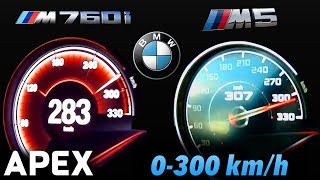 2018 BMW M5 vs BMW M760Li  Acceleration Sound 0100 0300 kmh  APEX [upl. by Dobb462]