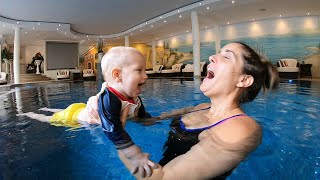 BABY SWIMMING LESSONS  Ultimate first lesson routine  17 month old Swimming in Pool [upl. by Anaila]