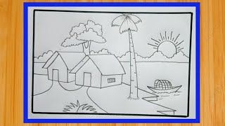 Gramer drisso  easy village house scenery  gaon ka chitra ka drawing with pencil [upl. by Muller455]