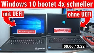 Windows 10 startet 4x schneller  mit UEFI vs ohne UEFI BIOS  Booten beschleunigen  4K [upl. by Pelagi]