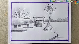 How to draw a Village Scenery ✅ Village Nature 💚💛Gramer Prakitik Drisso Drawing❤ [upl. by Philine710]