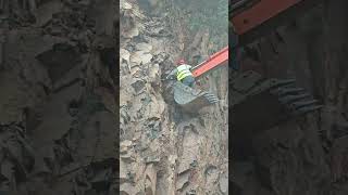 A worker on the bucket of a crawler excavator pulls something out of a rock with the bucket [upl. by Nalro]