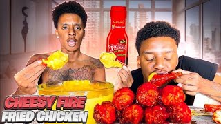 CHEESY NUCLEAR FIRE FRIED CHICKEN MUKBANG 2X SPICY  EATING FOOD CHALLENGE [upl. by Turmel169]