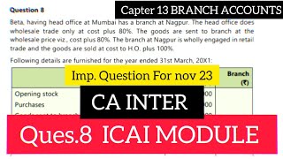 QUESTION 8 BRANCH ACCOUNTS CHAPTER 13 ca inter  ca inter branch accounts [upl. by Snahc]