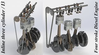 DOHC Inline three cylinder  i3 four stroke diesel engine animation using Solidworks amp Photoview360 [upl. by Yolane]