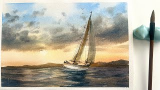 Painting process of watercolor sailboat and seascape [upl. by Wit]