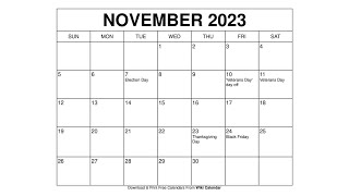 Printable November 2023 Calendar Templates With Holidays  Wiki Calendar [upl. by Erreit]