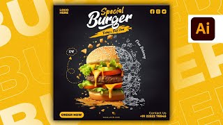 Illustrator CC Tutorial  Graphic Design  Modern Burger Poster Design 🍔⚡ [upl. by Nujra]