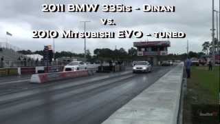 2011 BMW 335is DCT  Dinan vs 2010 Mitsubishi Evo  tuned  Drag Video  Road Test TV ® [upl. by Armmat]