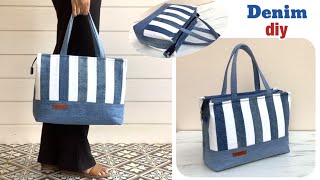 how to sew denim tote bag with zipper from old jeans sewing diy denim tote bag with zipper tutorial [upl. by Wadesworth]