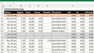 Excel automatische Arbeitszeiterfassung erstellen  Vorlage Zeiterfassung mit Überstunden Feiertage [upl. by Saiff676]