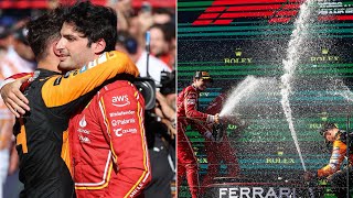 Lando Norris amp Charles Leclerc congratulate Carlos Sainz after AusGP win  Podium Behind the scenes [upl. by Harv449]