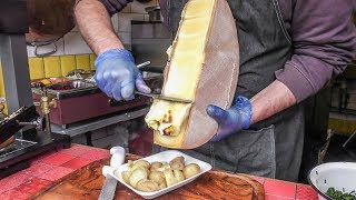 Yummy Swiss Raclette Warm Melted Swiss Cheese with Egg and Potatoes London Street Food [upl. by Zeph]