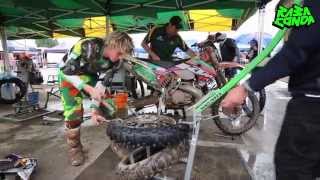 Daniel Sanders Front and Rear Tyre Change at ISDE 2015 [upl. by Adnilem180]