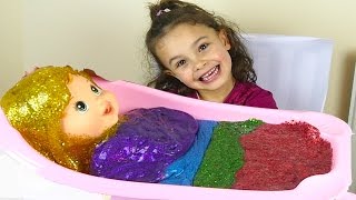 Learn Colors with Baby Doll Toy and Color Glitter Slime Bath [upl. by Iny]