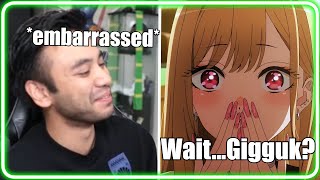 Gigguk gets embarassed when Marin Kitagawa VA AmaLee hears his voice acting in Honkai Star Rail [upl. by Nydnarb]