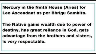 Mercury in 9th House for Leo Ascendant as per Bhrigu Samhita [upl. by Gnuhn330]