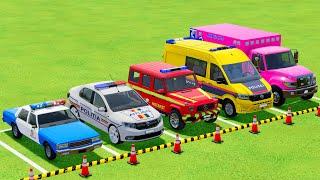 CHEVROLET DACIA VOLKSWAGEN POLICE CARS amp MERCEDES AMBULANCE EMERGENCY VEHICLES TRANSPORTING  FS22 [upl. by Ahto]