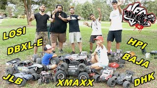 NFG RC BASH DAY  Traxxas XMAXXs Losi DBXLE HPI BAJA DHK ZOMBIEHUGE Air amp Crashes [upl. by Keeley]