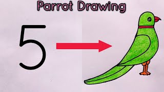 How to draw parrot drawing from number 5  Parrot Drawing Easy  parrot drawing with Colour [upl. by Osmund615]