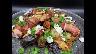 Græsk inspireret kylling med bacon aubergine tomat kartofler og feta [upl. by Dietsche288]