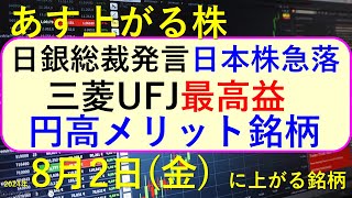 あす上がる株 2024年８月２日（金）に上がる銘柄。三菱UFJ、三井物産、日本製鉄、アステラス製薬、住友電工、Monotaroの決算と円高銘柄～最新の日本株情報。高配当株の株価やデイトレ情報も～ [upl. by Oigres]