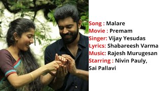 Malare  Lyrics With English Translation  Premam  Vijay Yesudas  Nivin Pauly  Sai Pallavi [upl. by Brina]