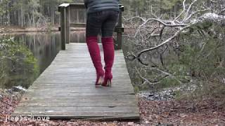 High Heels by the Lake 2  Modeling Red Velvet Stiletto Boots amp Jeans uncut [upl. by Lundell]